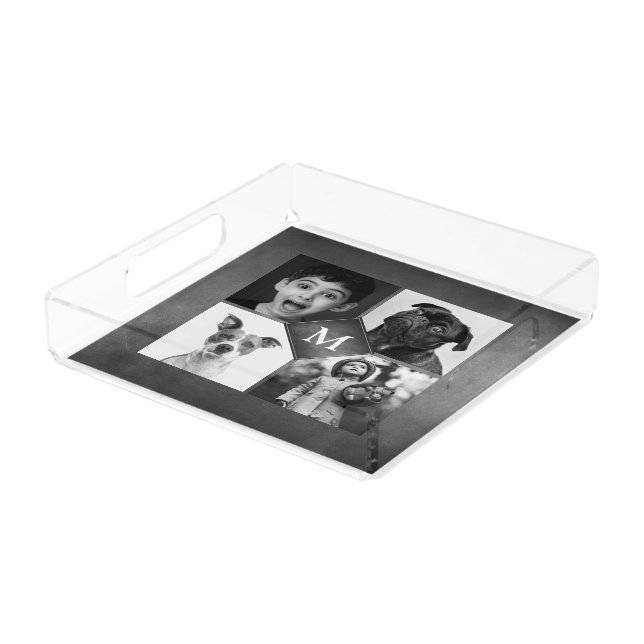 4 Family Photos Collage Black Chalkboard Monogram Acrylic Tray (Angled)