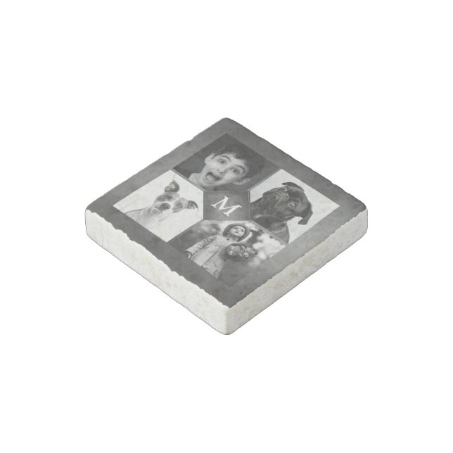 4 Family Photos Collage Black Monogram Keepsake Stone Magnet (Angled)