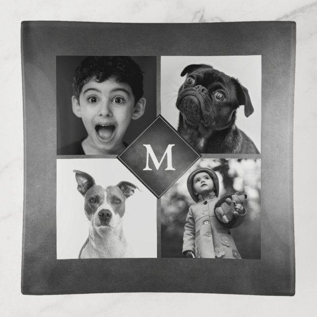 4 Family Photos Collage Black Monogram Keepsake Trinket Tray (Front)