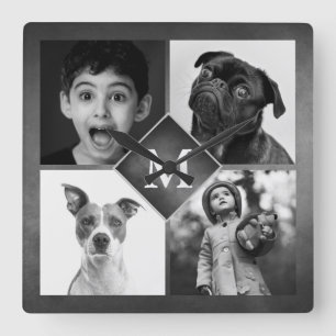 4 Family Photos Collage Monogram Square Wall Clock