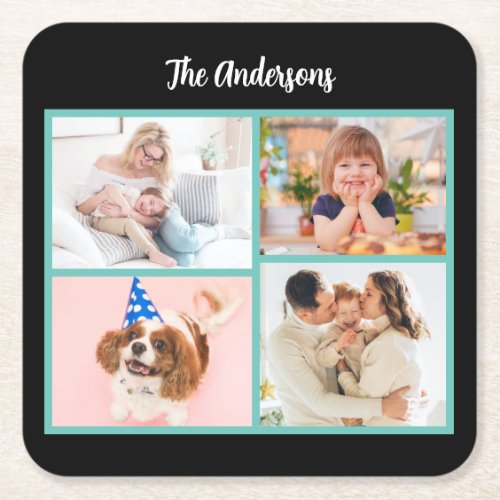 4 Family Photos  Name on Black Teal Border Square Paper Coaster