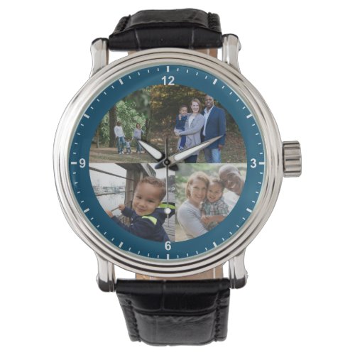 4 Family Photos Template Simple Blue Teal Border Watch