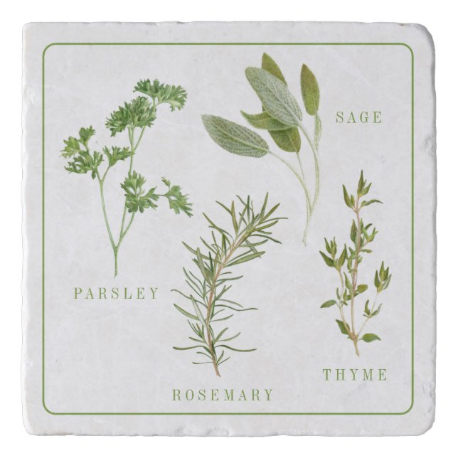 4 FRESH HERBS Marble Stone Trivet (Front)