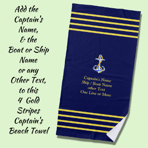 4 Gold Stripes for Captain - Add Name & Other Text Beach Towel