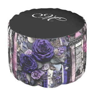 *~* 4 Gothic MONOGRAM Flowers Stripes Black Pouf