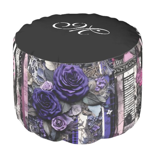*~* 4 Gothic MONOGRAM Flowers Stripes Black Pouf