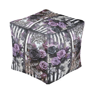 *~*4 Gothic Roses Flowers Stripes Black Pouf