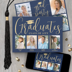 4 Grads Photos Joint Graduation Party Navy & Gold Invitation