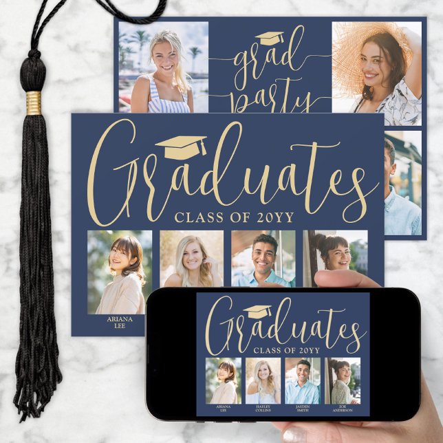 4 Grads Photos Joint Graduation Party Navy & Gold Invitation (Creator Uploaded)