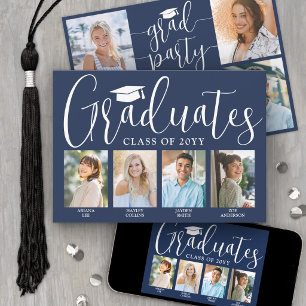 4 Grads Photos Joint Graduation Party Navy & White Invitation