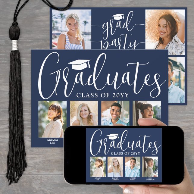 4 Grads Photos Joint Graduation Party Navy & White Invitation (Creator Uploaded)