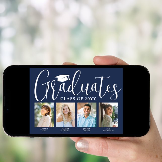 4 Grads Photos Joint Graduation Party Navy & White Invitation (Front Digital)