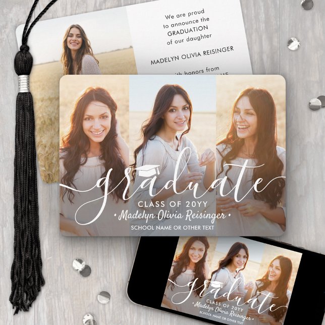 4 Graduation Photos Modern White Script Overlay Announcement (Creator Uploaded)