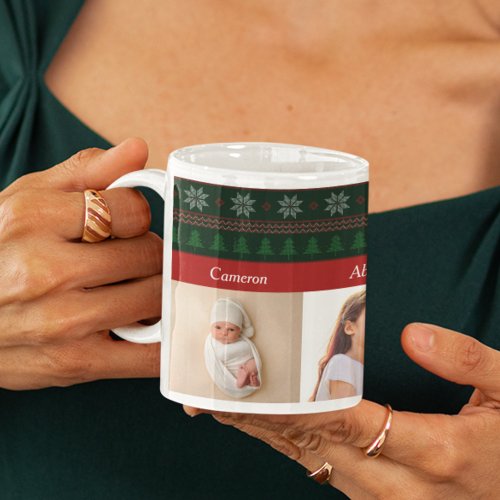 4 Grandchildren Photo Red Green Christmas Tree Coffee Mug