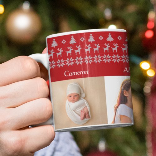 4 Grandkids Photo Festive Red Christmas Reindeer Coffee Mug