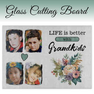 4 grandkids photo floral green cutting board