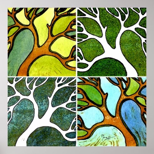 4 Hand Carved Trees in Watercolor and Pen  Ink Poster