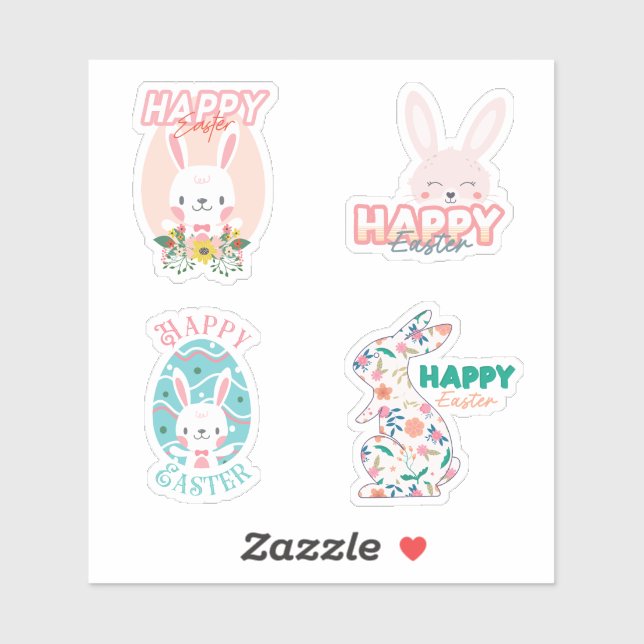 4 Happy Easter with bunny and flowers stickers (Sheet)