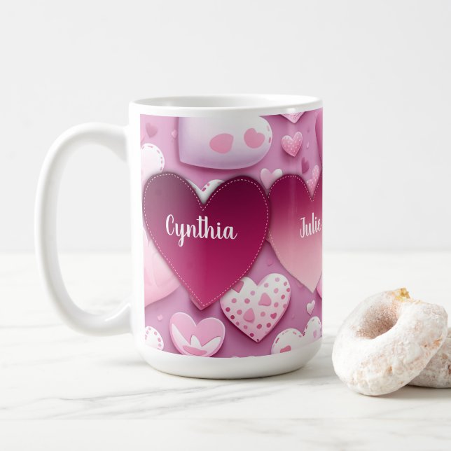 4 Hearts Family Names Coffee Mug (With Donut)