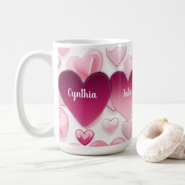 4 Hearts Family Names Coffee Mug (With Donut)