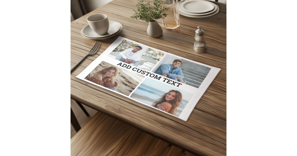 4 Horizontal Photo Collage with One Line of Text Cloth Placemat | Zazzle