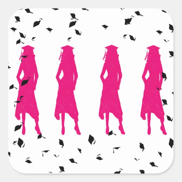 4 Hot Pink Graduation Girl Silhouettes Square Sticker