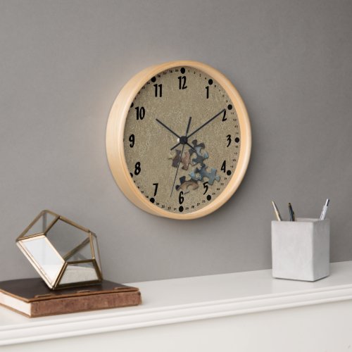 4 Jigsaw Puzzle Pieces Sandy Texture Earth Tone Clock