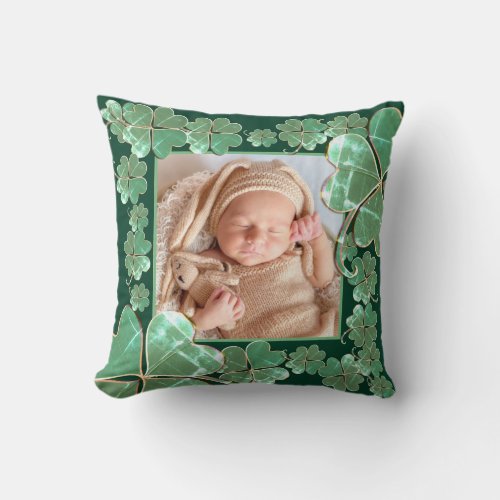 4 Leaf Clover Frame Forest Green Photo Throw Pillow