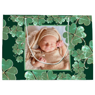 4 Leaf Clover Frame +Photo Forest Green Large Gift Bag