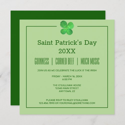 4 Leaf Clover Irish Shamrock St Patricks Day Invitation