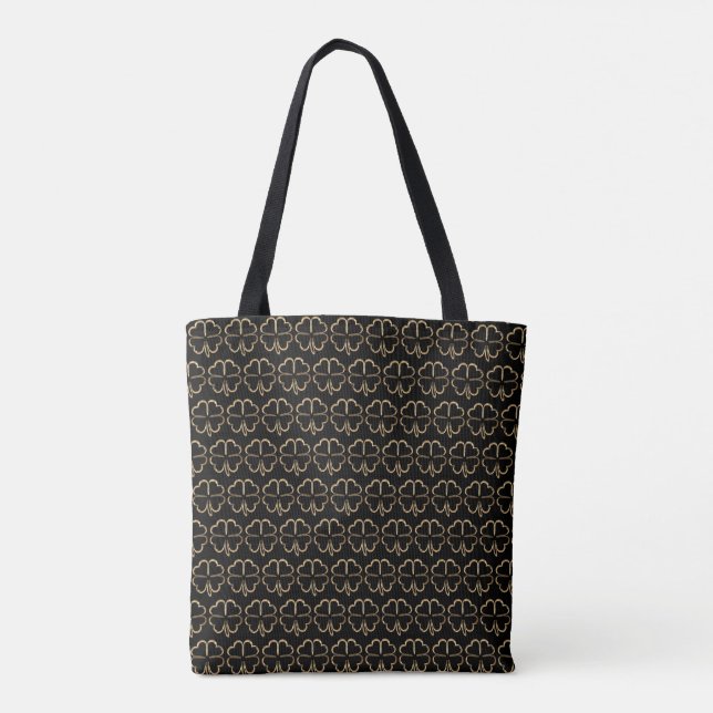 4 Leaf Clover Pattern Black and Gold Good Luck Tote Bag (Back)
