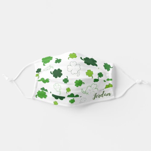 4 Leaf Clover Pattern with YOUR NAME on WHITE Adult Cloth Face Mask