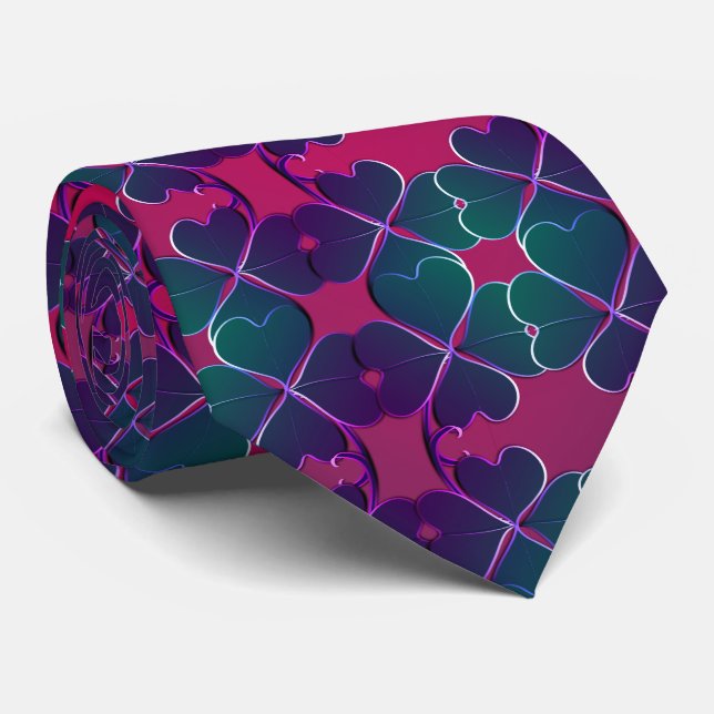 4 Leaf Clover Teal Smoke on Fuschia  Neck Tie (Rolled)