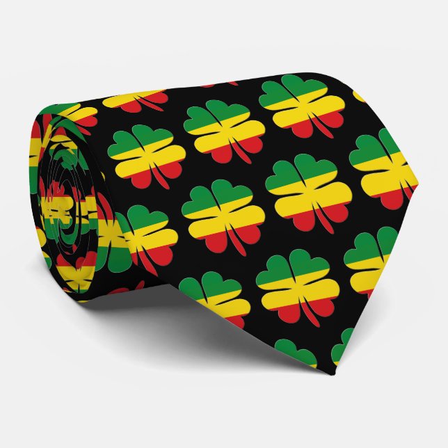 4 Leaf Clovers Pattern Red Yellow Green Rasta Neck Tie (Rolled)