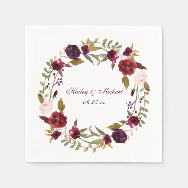 #4 Marsala Burgundy White Roses Leaves Wreath | Paper Napkins (Front)