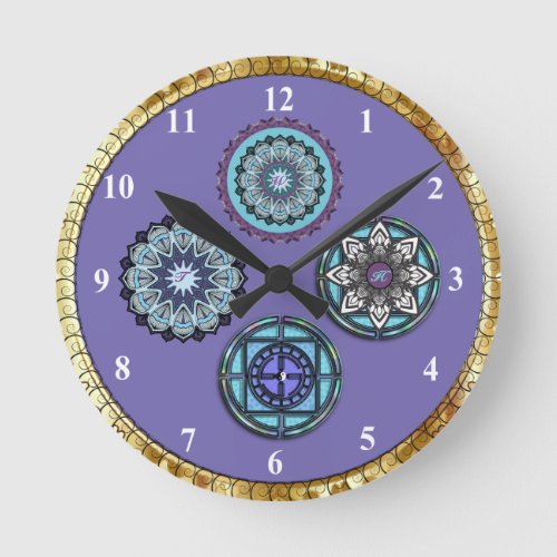 4 Monogram Mandalas Aqua Blue Purple Gold_Like Round Clock