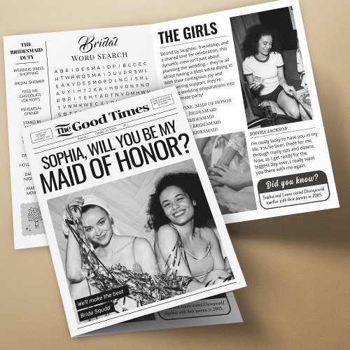 4 pag Newspaper Maid of Honor Proposal Bride Squad Card