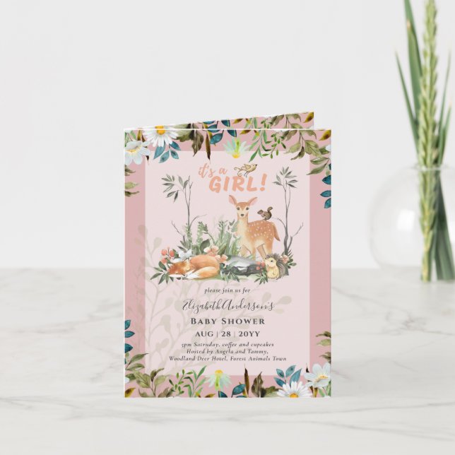 4 page Adorable GIRLS Woodland Deer Baby Shower Invitation (Front)