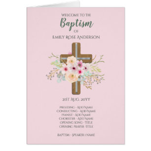 4 page BAPTISM Program - Floral Cross PINK