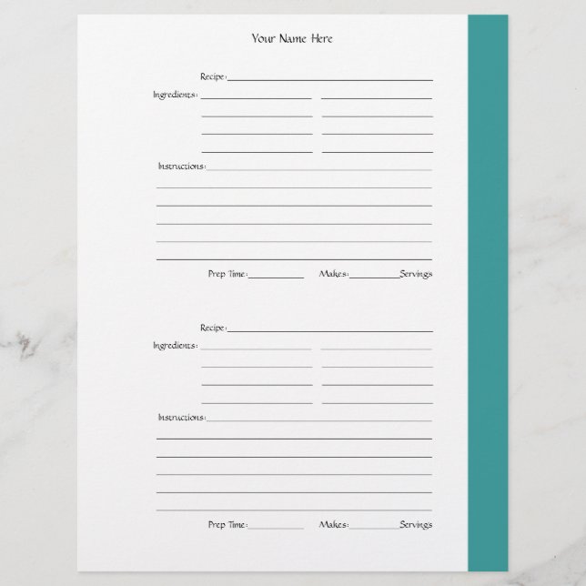 4 per Page - Teal 2-sided Recipe Pages (Front)