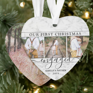 4 Photo 1st Christmas Engaged Faux Marble Heart Ornament