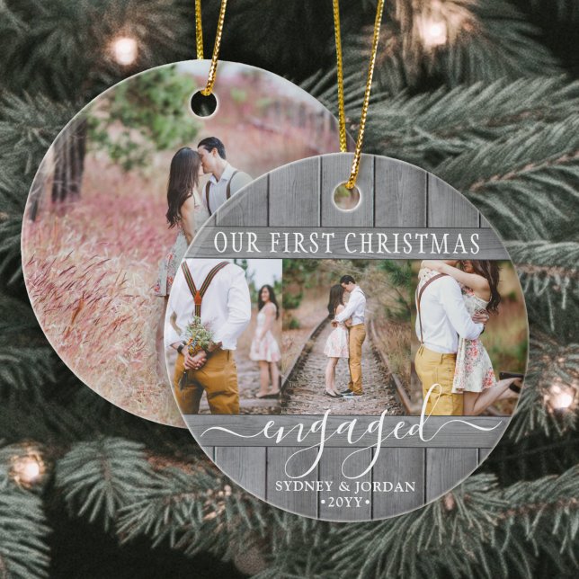 4 Photo 1st Christmas Engaged Gray Faux Wood Round Ceramic Ornament (Creator Uploaded)