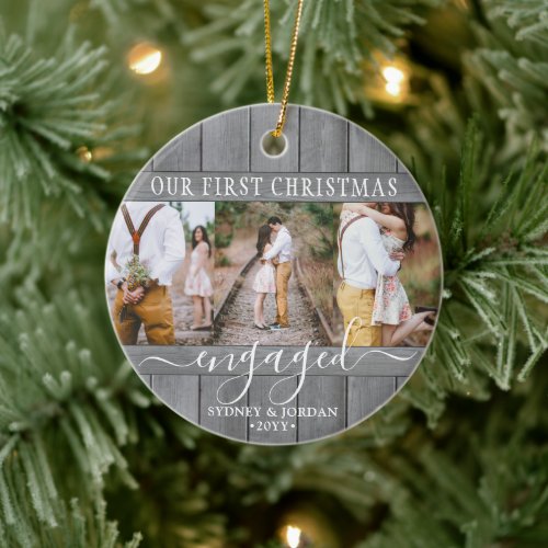 4 Photo 1st Christmas Engaged Gray Faux Wood Round Ceramic Ornament