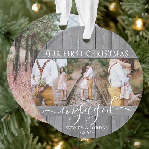 4 Photo 1st Christmas Engaged Gray Faux Wood Round Ornament