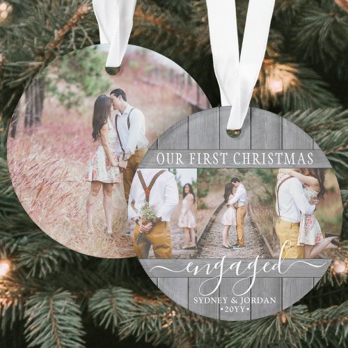 4 Photo 1st Christmas Engaged Gray Faux Wood Round Ornament