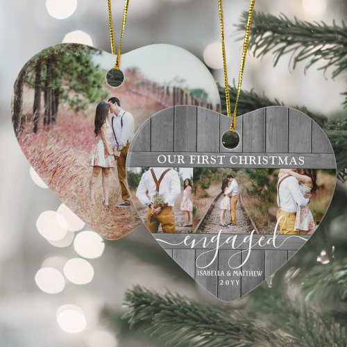 4 Photo 1st Xmas Engaged Gray Faux Wood Heart Ceramic Ornament