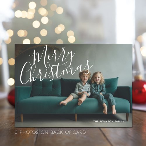 4 Photo 3 on back Merry Christmas Calligraphy Holiday Card