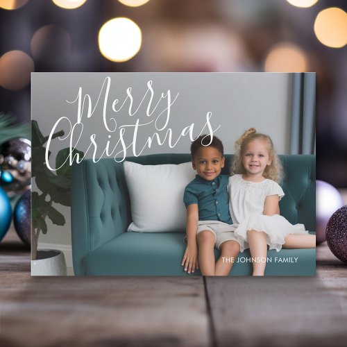 4 Photo 3 on back Merry Christmas Script Holiday Card