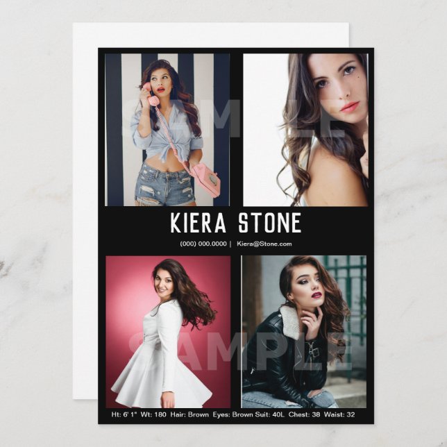 4 Photo Acting Model Comp Card Black Template (Front/Back)