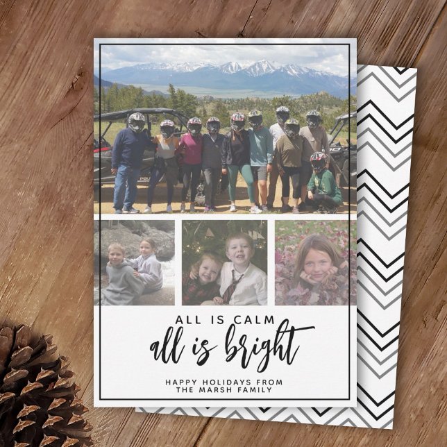 4 Photo - All is Calm Bright Black White Christmas Holiday Card (Creator Uploaded)